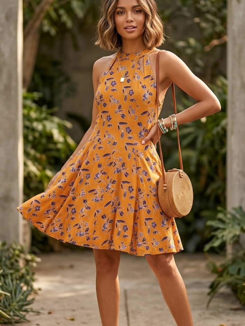 Kimchi Blue Mustard and Purple Floral Halter Dress
